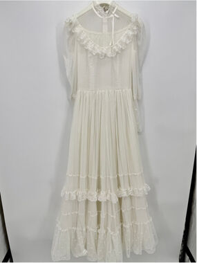Vintage 70's Tiered Lace High Neck Wedding Dress Ivory Handmade Boho size S